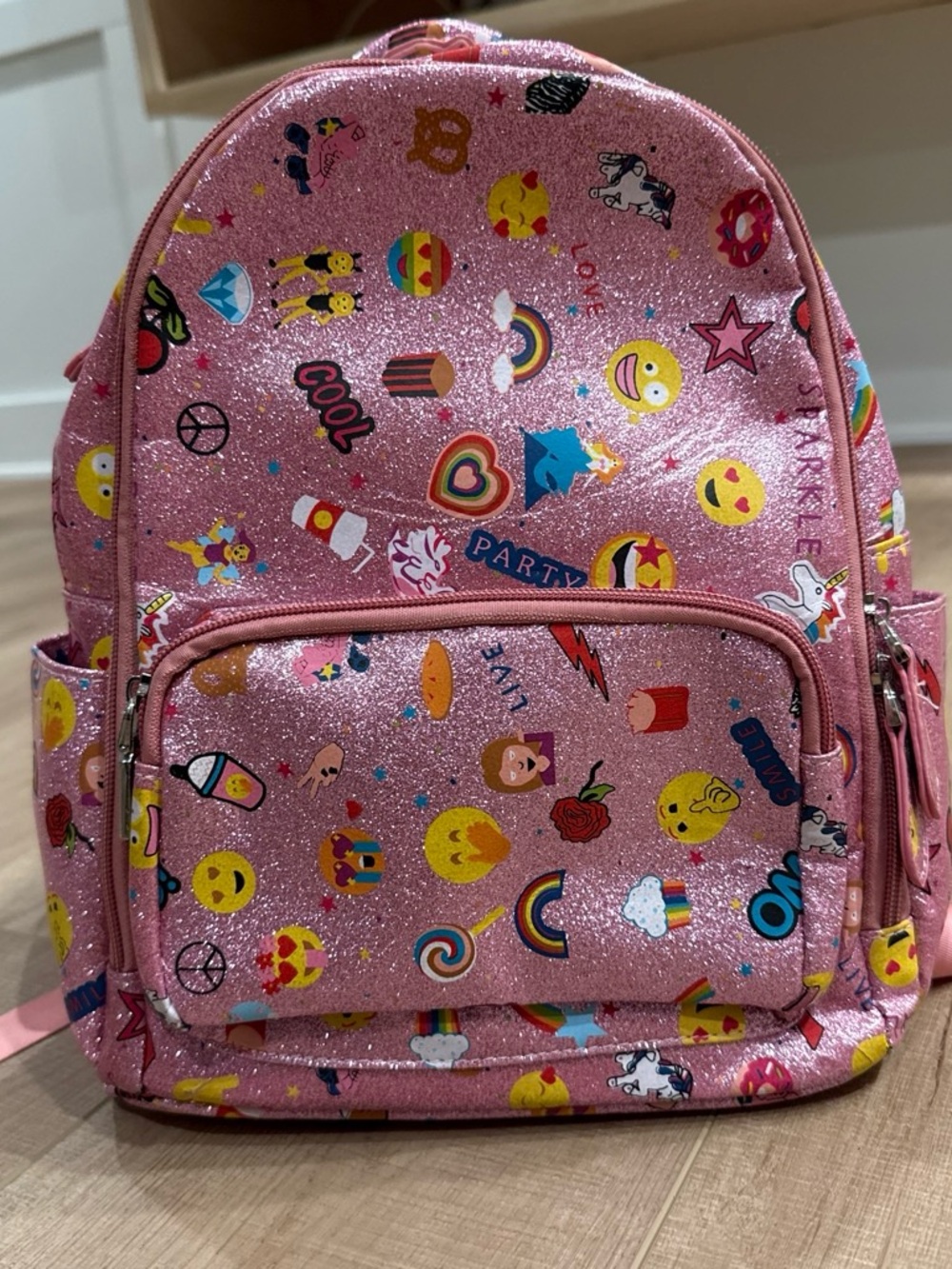 Girls' Pink Glitter Emoji Backpack with Rainbow & Emoji Motifs